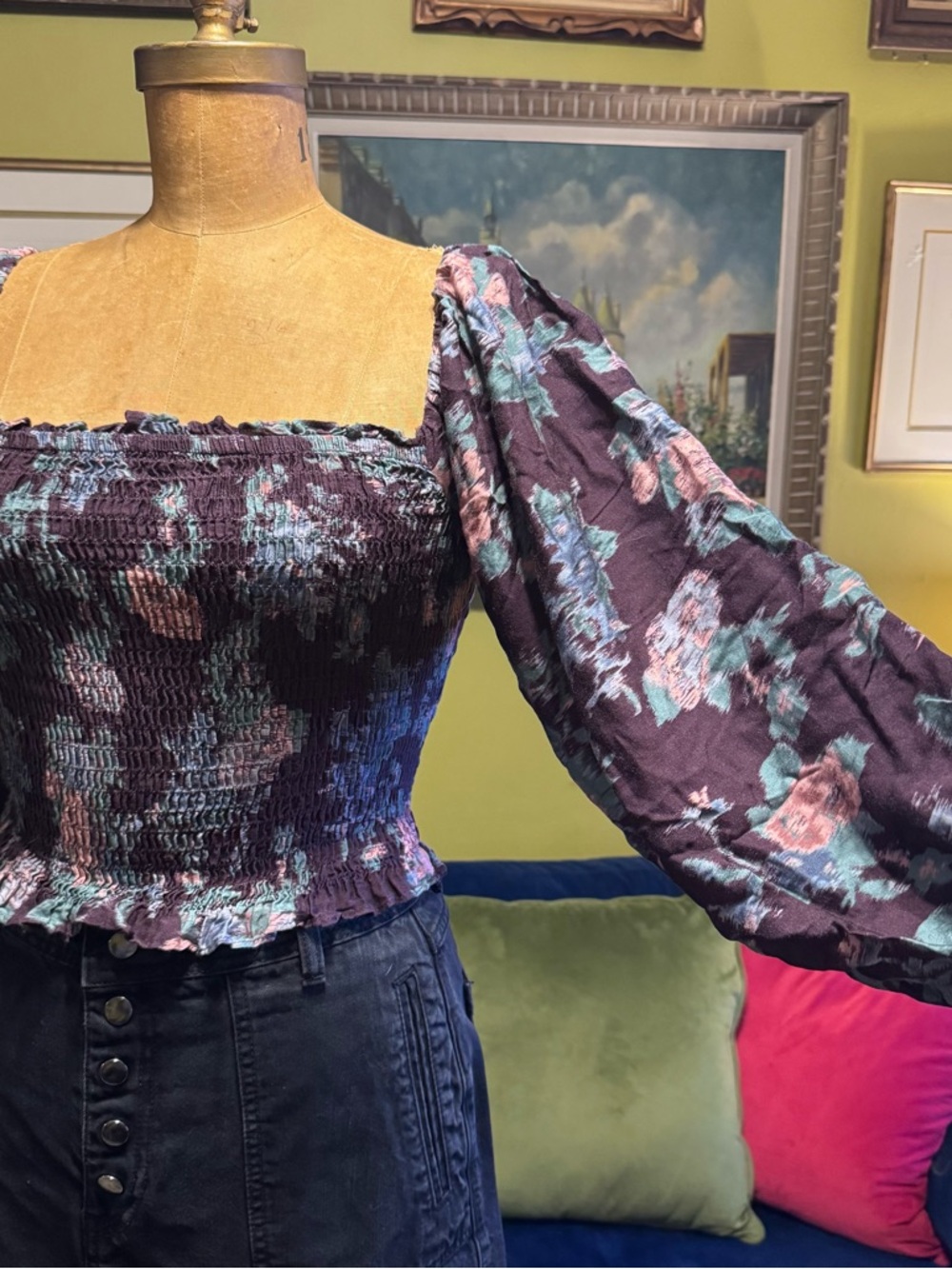 Floral Smocked Square-Neck Puff Sleeve Crop Top